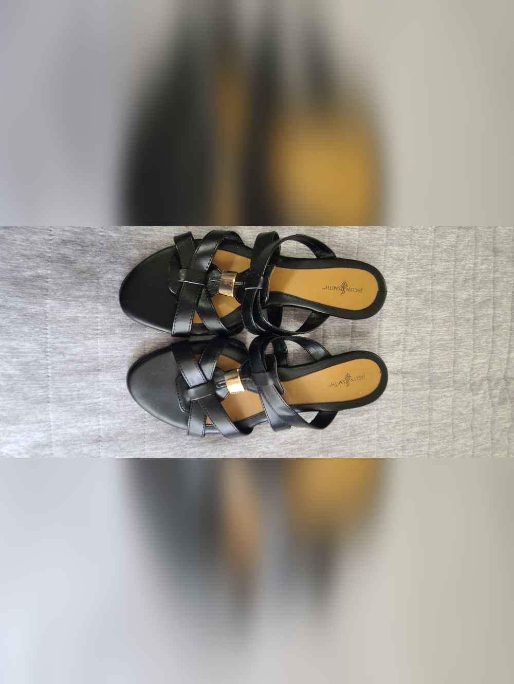 comfort plus by Jaclyn Smith Black Women's Strappy Sandals with Gold Accent